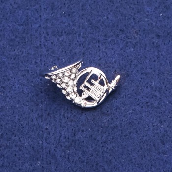 Brožka Francouzský roh se štrasami, stříbrný kov, 16×27 mm