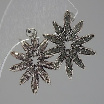 Náušnice peckové Květina, světlé štrasové kamínky, kov s povrchovou úpravou stříbra, 30 mm