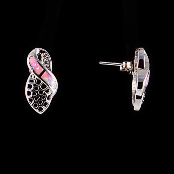 Náušnice peckové s krajkovým designem a vložkou z růžového opálu (umělý), stříbrná barva, 20×10 mm