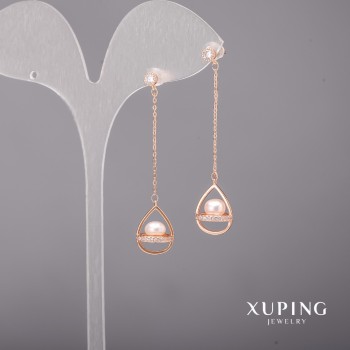 Náušnice Xuping se bílými kameny a perlami Mallorca 10×52 mm, pozlacení 18K