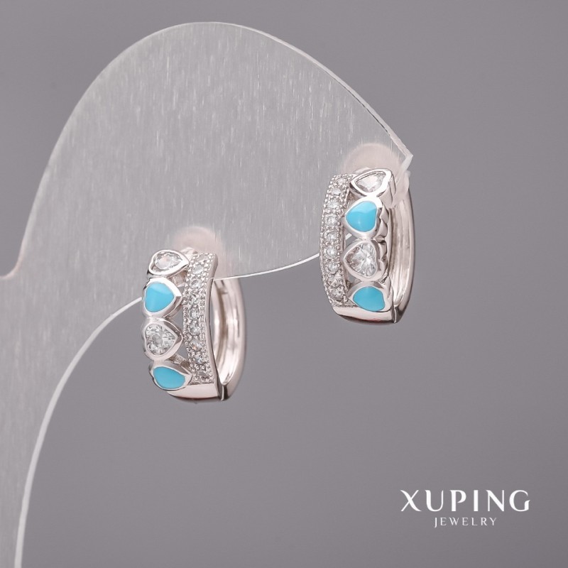 Náušnice Xuping s bílými kameny a modrým smaltem 6 × 15 mm, rhodiované