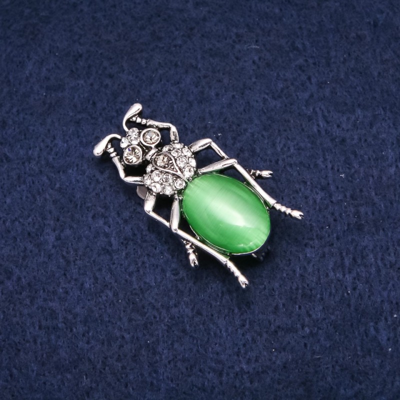 Brož Brouk s cabochonem kočičí oko a štrasami 23×40 mm