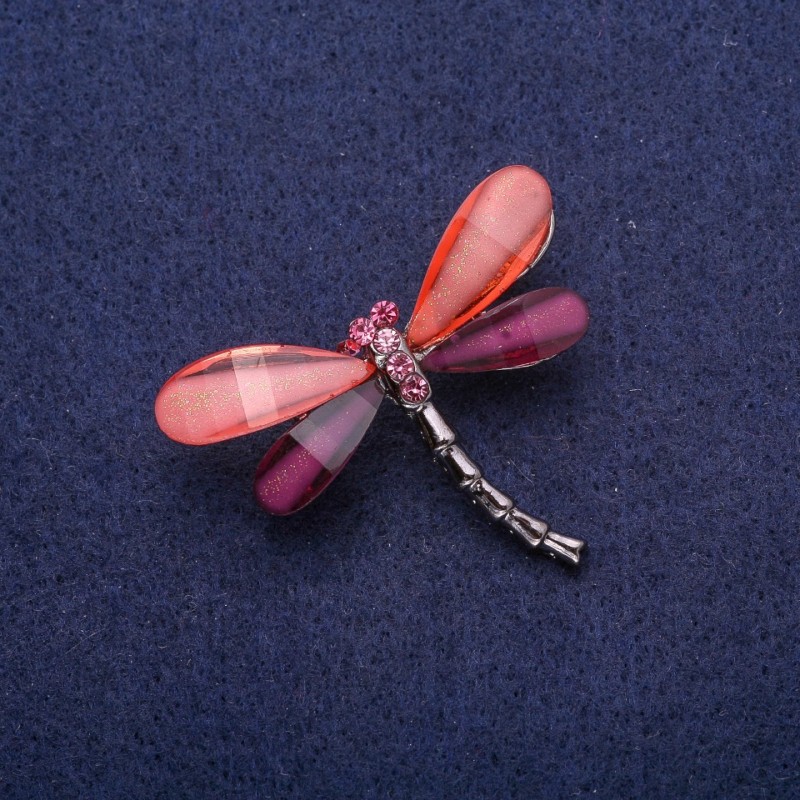 Brožka vážka s krystaly, stříbrný kov 32×43 mm