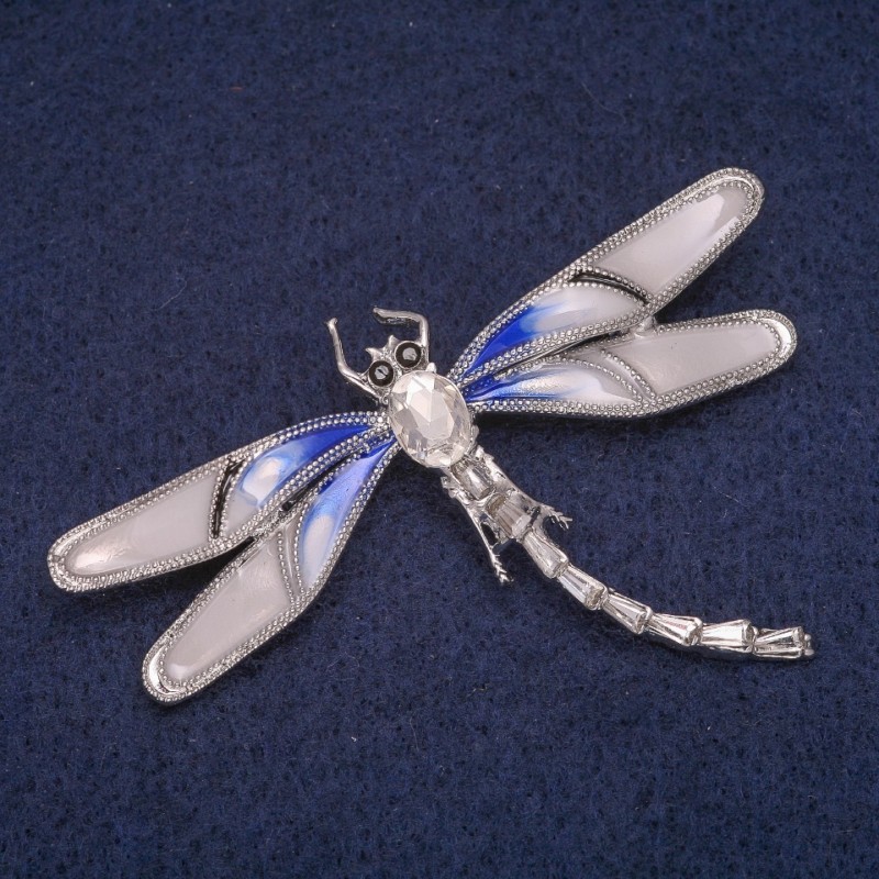 Brož vážka s emailem a krystalem, stříbrný kov 65×44 mm