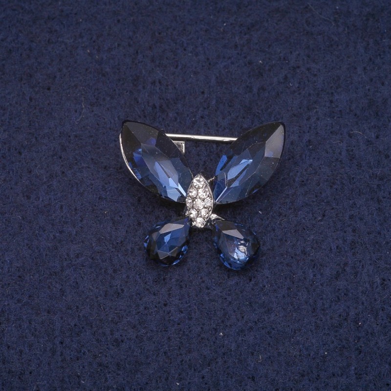 Brož Motýl s krystaly, stříbřitě zbarvený kov 20×23 mm