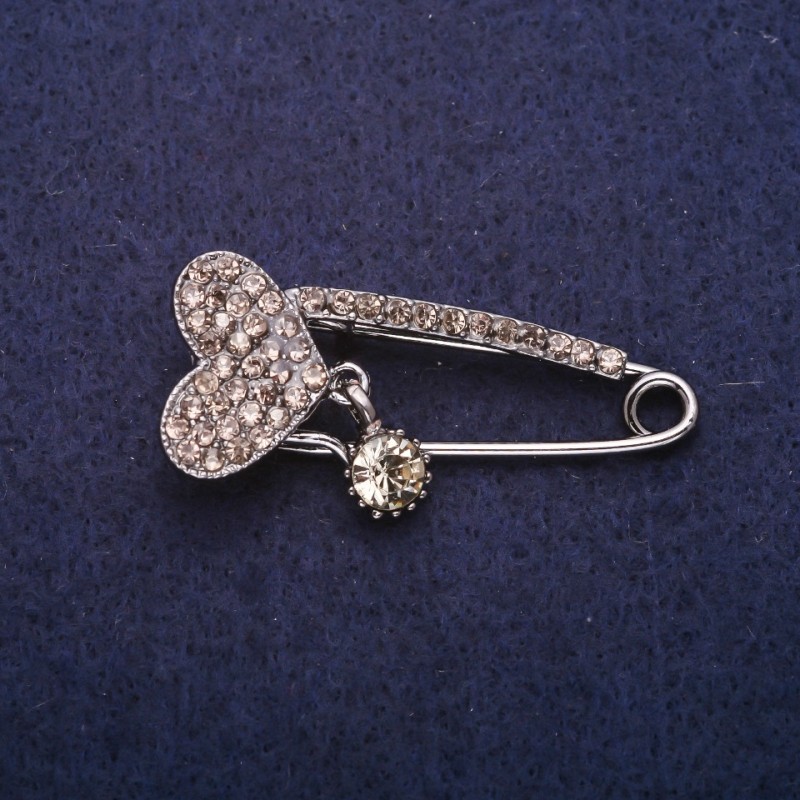 Brožka-špendlík Srdce se štrasami, šedý kov 17×41 mm