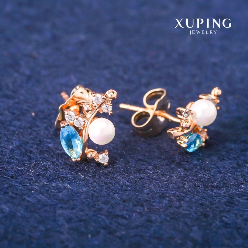 Náušnice pecky Xuping s modrými krystaly a perlou Mallorca, průměr 8×13 mm, pozlacené 18K