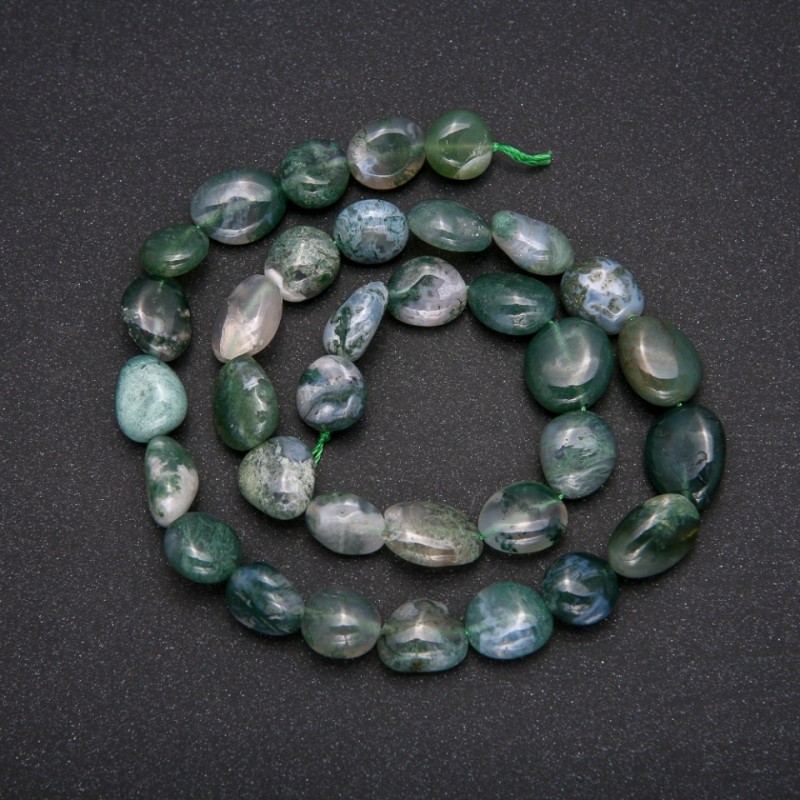 Korálky z mechového achátu, facetované, průměr 10×14 mm, délka 38 cm