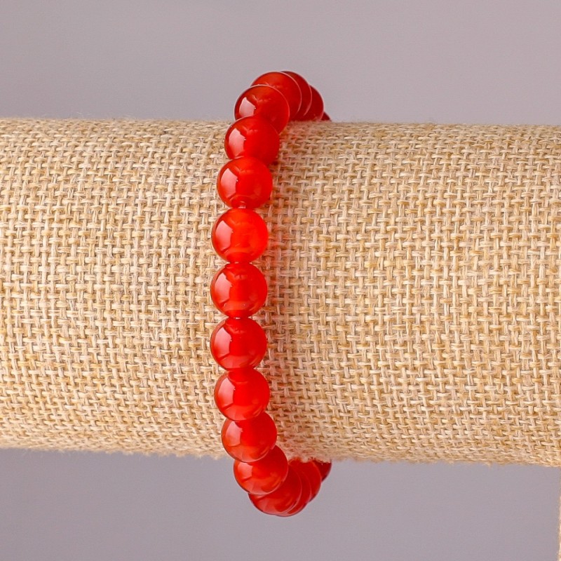 Náramek z karneolu na gumičce, hladké korálky, průměr 8 mm, obvod 18 cm