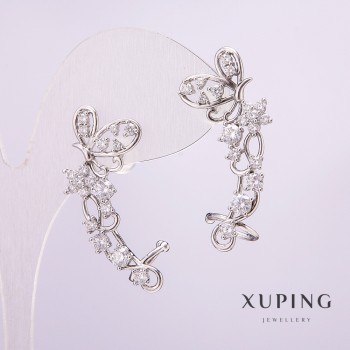 Náušnice na klipsy Xuping s rhodiovým povlakem a bílými kameny 33×12 mm