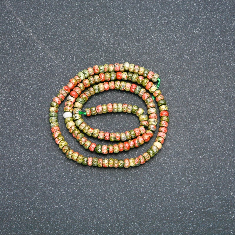 Nitka přírodních kamenů heliotrop unakit broušený rondel 4×2,5 mm, délka 39 cm +