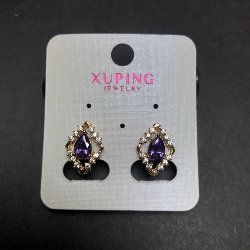 Náušnice Xuping s pozlacením 18K, fialovým krystalem a bílými krystaly 15×11 mm