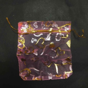 Подарунковий Мішечок з Органзи рожевий з золотистими серцями і мотузками 120х100мм + - 100шт +