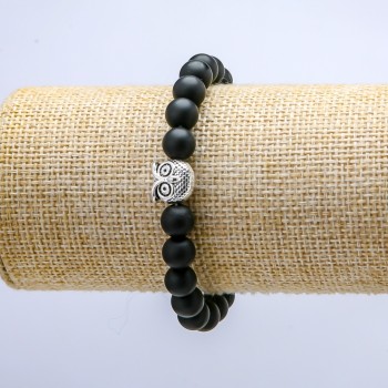 Náramek na gumičce ze šungitu (umělý), průměr 8 mm ± Sova, délka 18 cm+