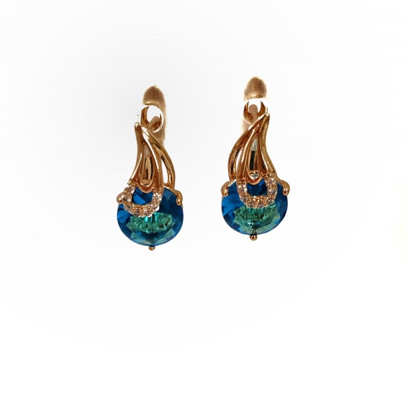 Náušnice Xuping pozlacené 18K se bílými kamínky a modrým krystalem, průměr 15×8 mm +