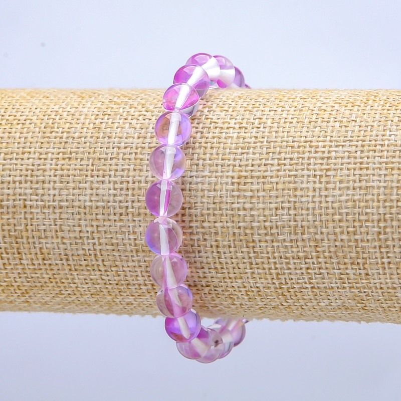Náramek na gumičce z opálového skla, fialový chameleon, hladká kulička, průměr 8 mm, délka 18 cm
