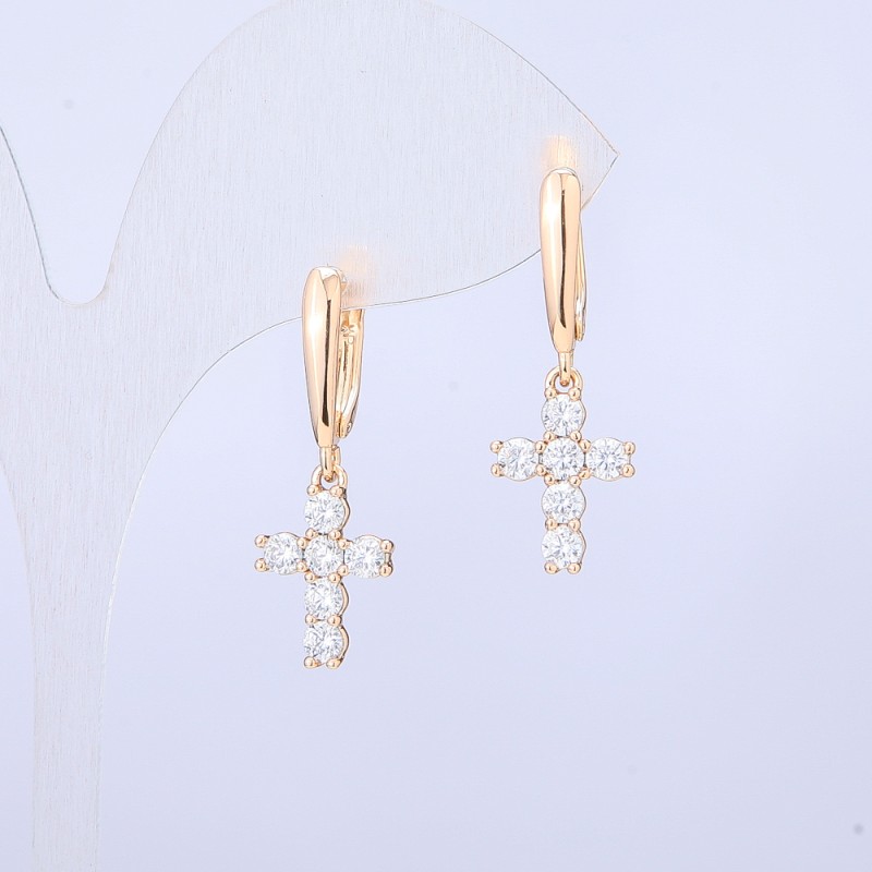 Náušnice Xuping pozlacené 18K – Kříž se bílými krystaly 28×10 mm +