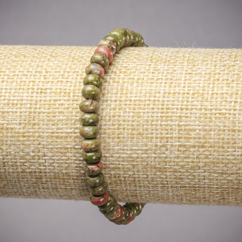 Náramek na gumičce z přírodních kamenů jaspis, heliotrop, unakit, hladké rondely, průměr 6×4 mm, délka 18 cm