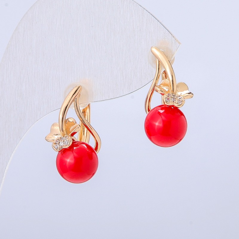 Náušnice Xuping 18K pozlacení se bílými kamínky a červenou korálkou, průměr 19×8 mm +