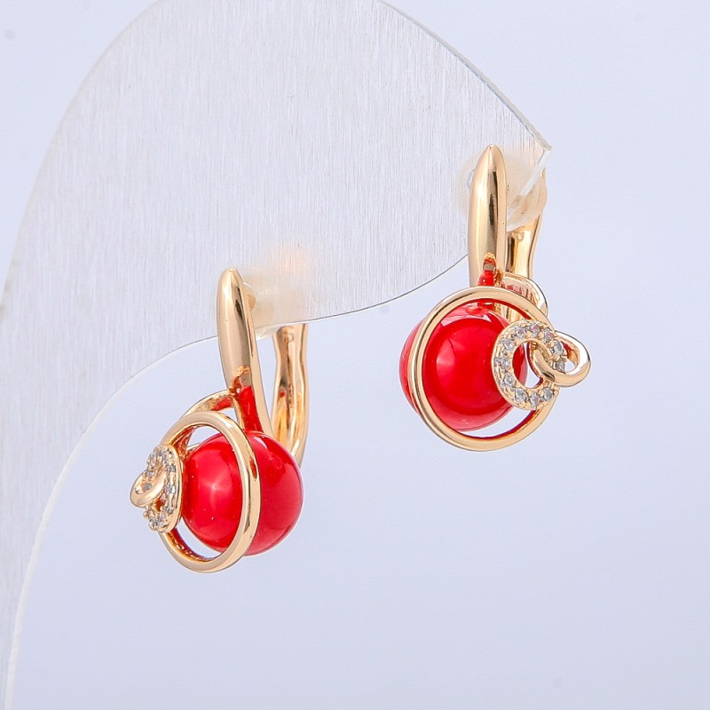Náušnice Xuping s 18K pozlacením, s bílými štrasami a červenou korálkou, průměr 18×10 mm +