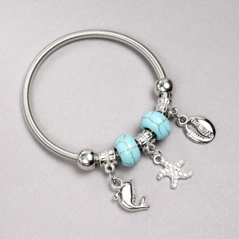 Pandora náramek s tyrkysovými korálky (kusový), průměr cca 14×8 mm ± a přívěsky se bílými krystaly