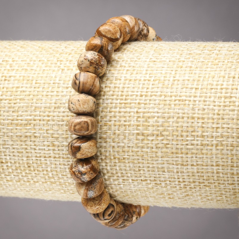 Náramek na gumičce z krajinného jaspisu – hladké rondely, průměr 9×7 mm