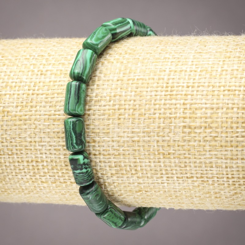 Náramek z malachitu na gumičce – cylindrické korálky, hladké, průměr 10×6 mm