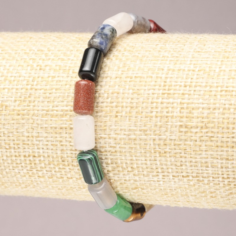 Náramek na gumičce z přírodních kamenů mix hladkých cylindrických korálků, průměr 10×6 mm+