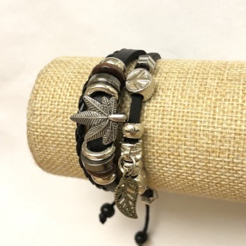 Браслет еко шкіра Конопля на затягуванні, довжина 18-24см чорний