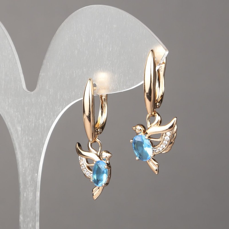 Náušnice Xuping pozlacení 18K se štrasovými bílými kamínky a světle modrými krystaly 34×12 mm +