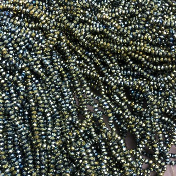 Korálky z českého křišťálu na vlasci, šedo-zelený nástřik s benzínovým leskem, broušené rondely, průměr 3×2,5 mm, délka cca 36 cm