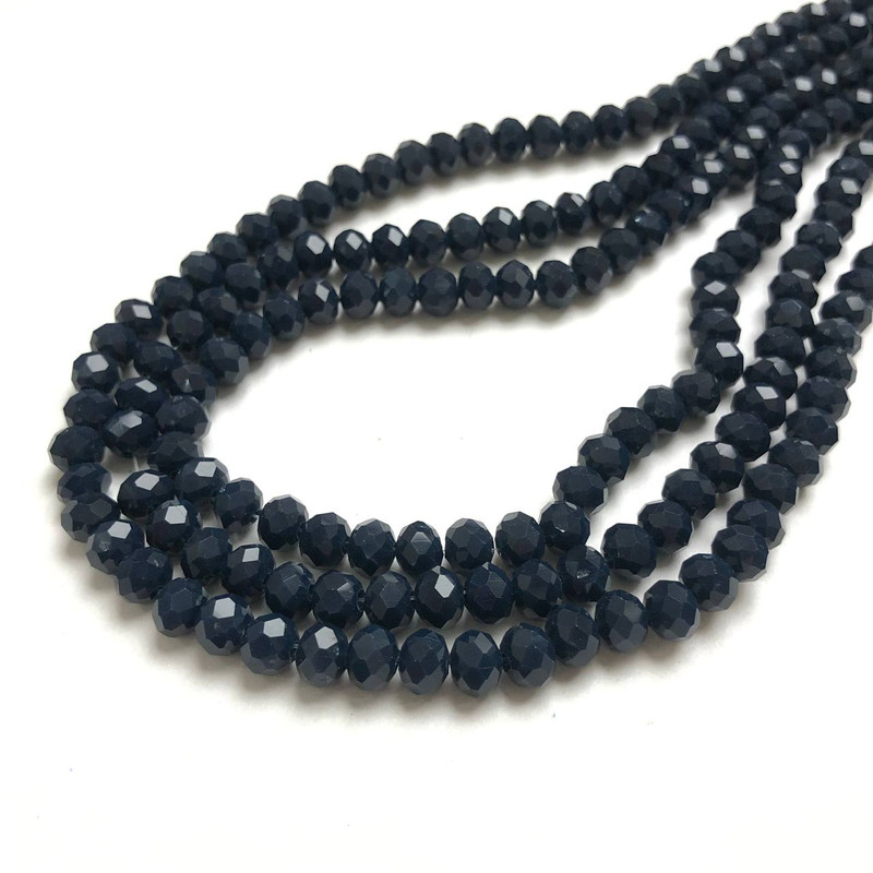 Korálky rondel tmavě azurové z českého křišťálu, matné, broušené, 6×4,5 mm, na vlasci, délka 38–40 cm