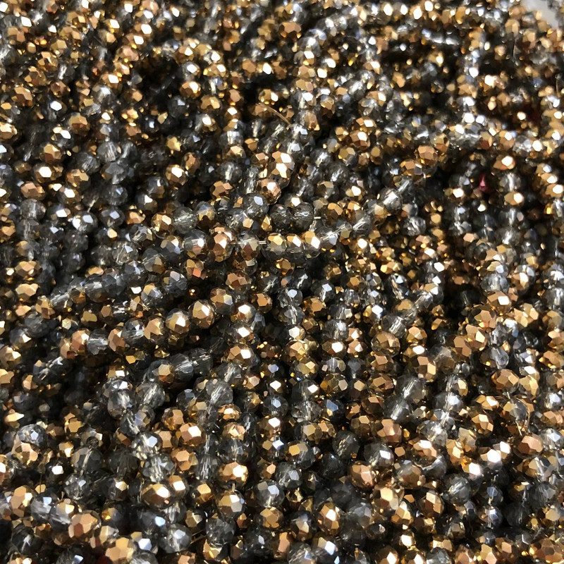 Korálky Český křišťál na vlascu – mix šedě průhledných a se zlatým pokovením, broušené rondely, průměr 3,5×3 mm, délka 36-3