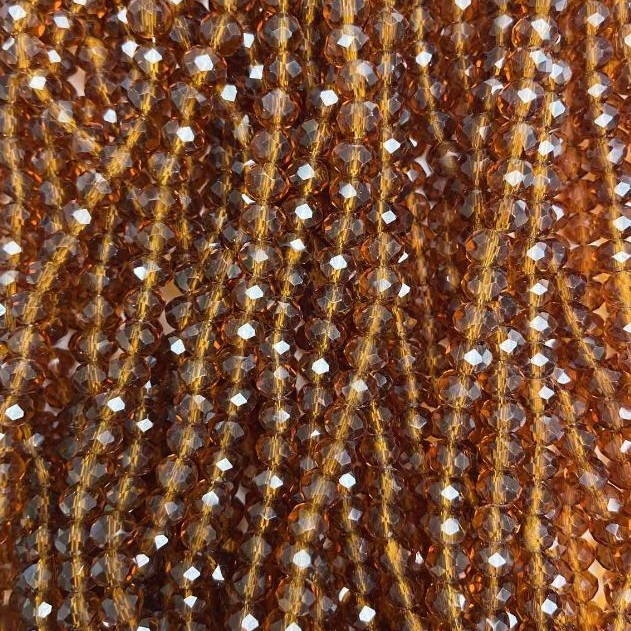 Korálky českého křišťálu na vlascové šňůrce, hnědý průhledný brusovaný rondel, průměr 6×5 mm, délka 40–42 cm (+)