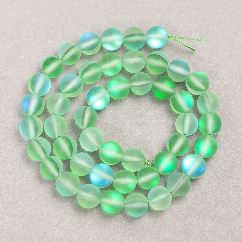 Korálky na niti z opálového skla - hladké koule modro-zelené matné, průměr 8 mm, délka 39 cm +