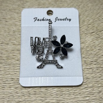 Brož Paříž, stříbrný kov, štras a modré krystaly 40×35 mm +