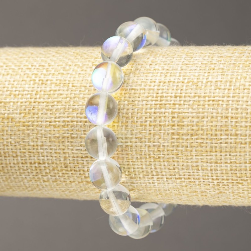 Náramek na gumičce z bílého průhledného opalového skla, průměr 10 mm, délka cca 18 cm