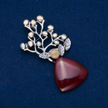 Брошка з Сердоліком 74х32мм з намистиною, сріблястий метал із золотистим напиленням