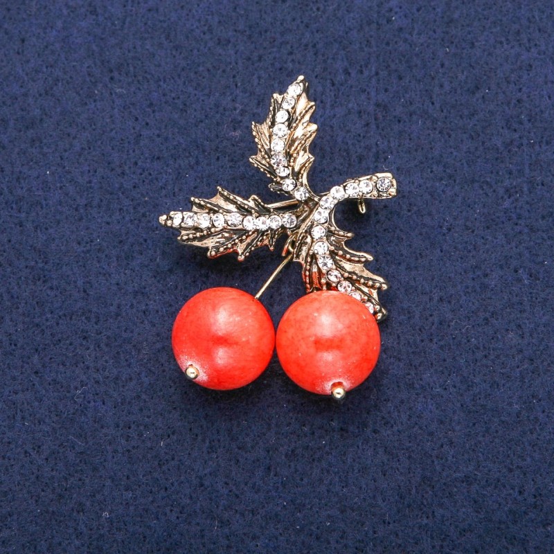 Brož-kulón «Třešničky» s heliolitom (umělý) a štrasami, zlatavý kov 33×48 mm