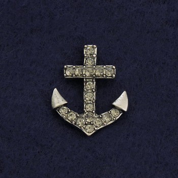 Brož na šroubovací zapínání „Kotva“ 2 cm, šedý kov, se štrasovými kamínky