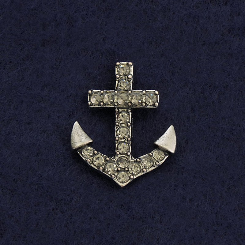 Brož na šroubovací zapínání „Kotva“ 2 cm, šedý kov, se štrasovými kamínky