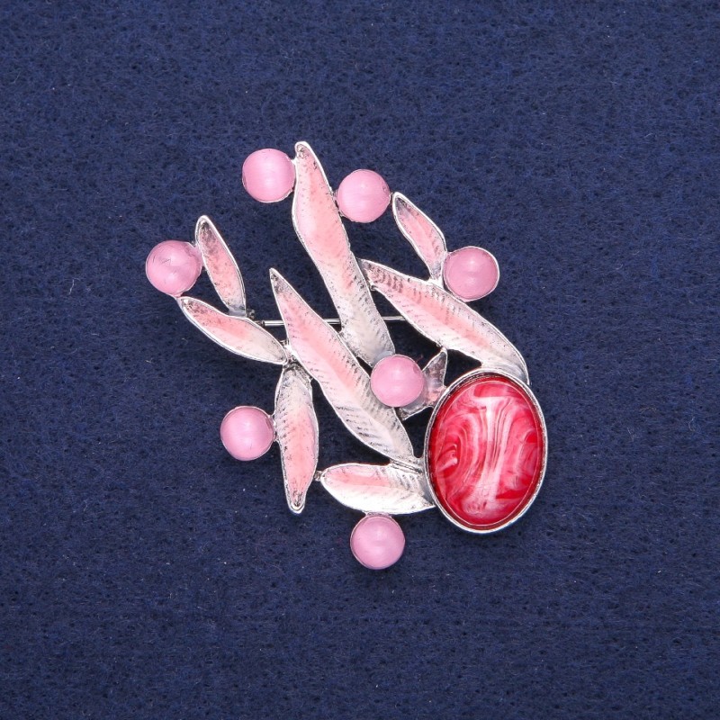 Brož Listy s kočičím okem, růžový smalt, stříbrný kov 38×53 mm