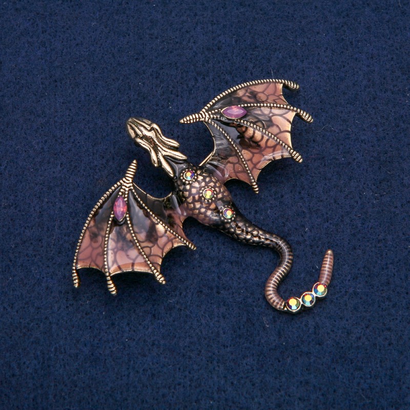 Brožka-náhrdelník Drak zlatistý kov, bronzová emailová barva a štrasami 70×63 mm +