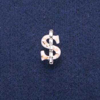 Brož Dolar s bílou emailovou glazurou a perleťou haliotisu, bílé krystaly, stříbrný kov 12×21 mm