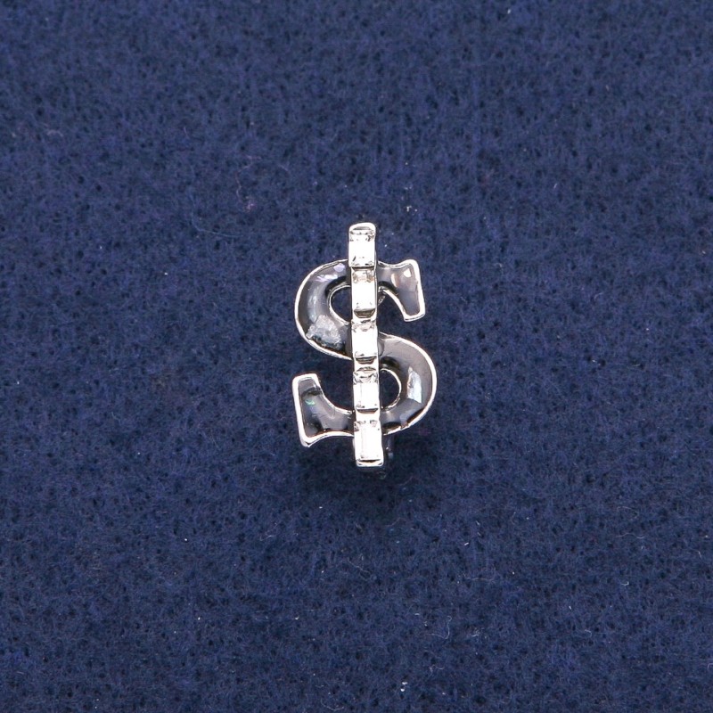 Brož Dolar se černým smaltem a perleťou haliotitu, bílé krystaly, stříbrný kov 12×21 mm