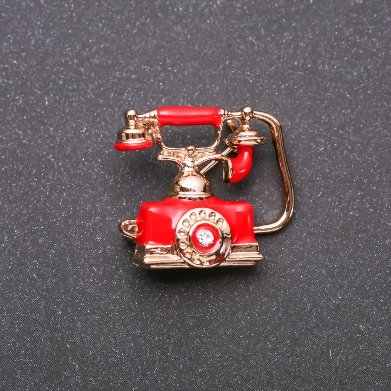 Brožka Telefon červený smalt žlutý kov 27×24 mm