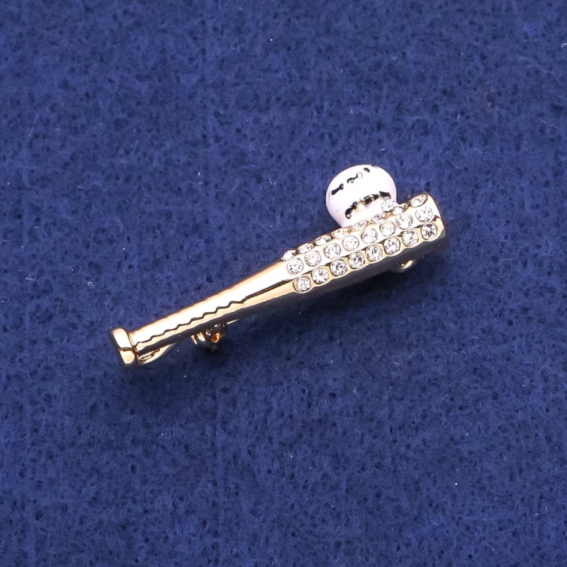 Brož baseballová pálka se štrasami, zlatavý kov, 13×40 mm