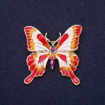 Brož Motýl se smaltem, barvy červená, bílá, oranžová a fialová, 36×37 mm, žlutý kov