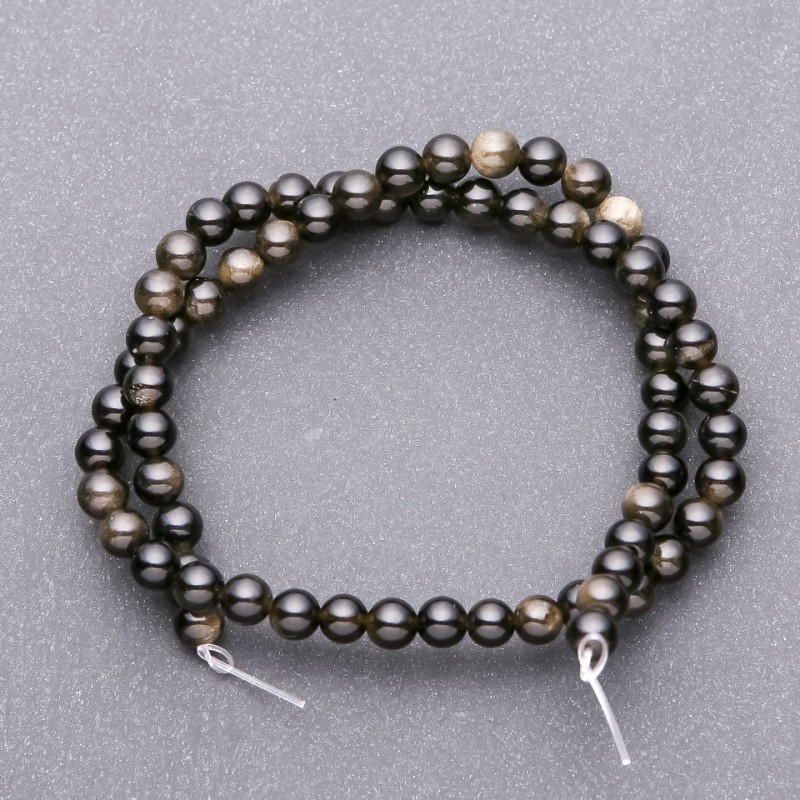 Korálky navlečené na niti ze Slunečního obsidiánu, hladké kuličky, průměr 6,5 mm, délka 38 cm