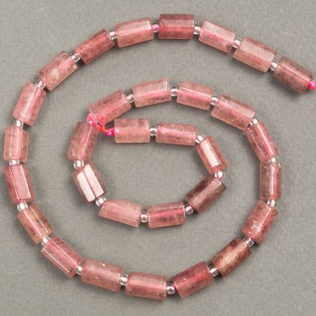 Korálky na niti z přírodního kamene Jahodový křemen, brus 11×7 mm, délka 39 cm ±, s rokajly (3×2 mm)